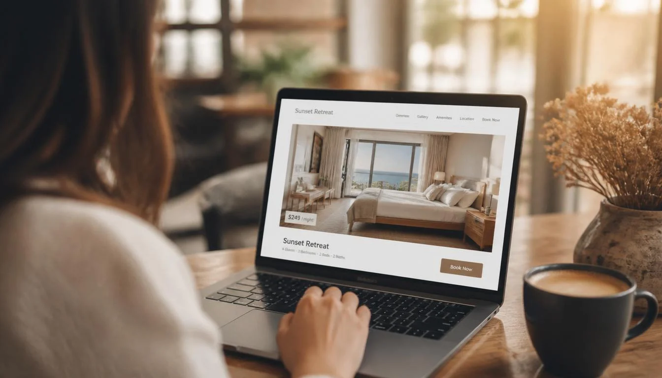 A person browsing a property listing on a laptop in a warm sunlit room.